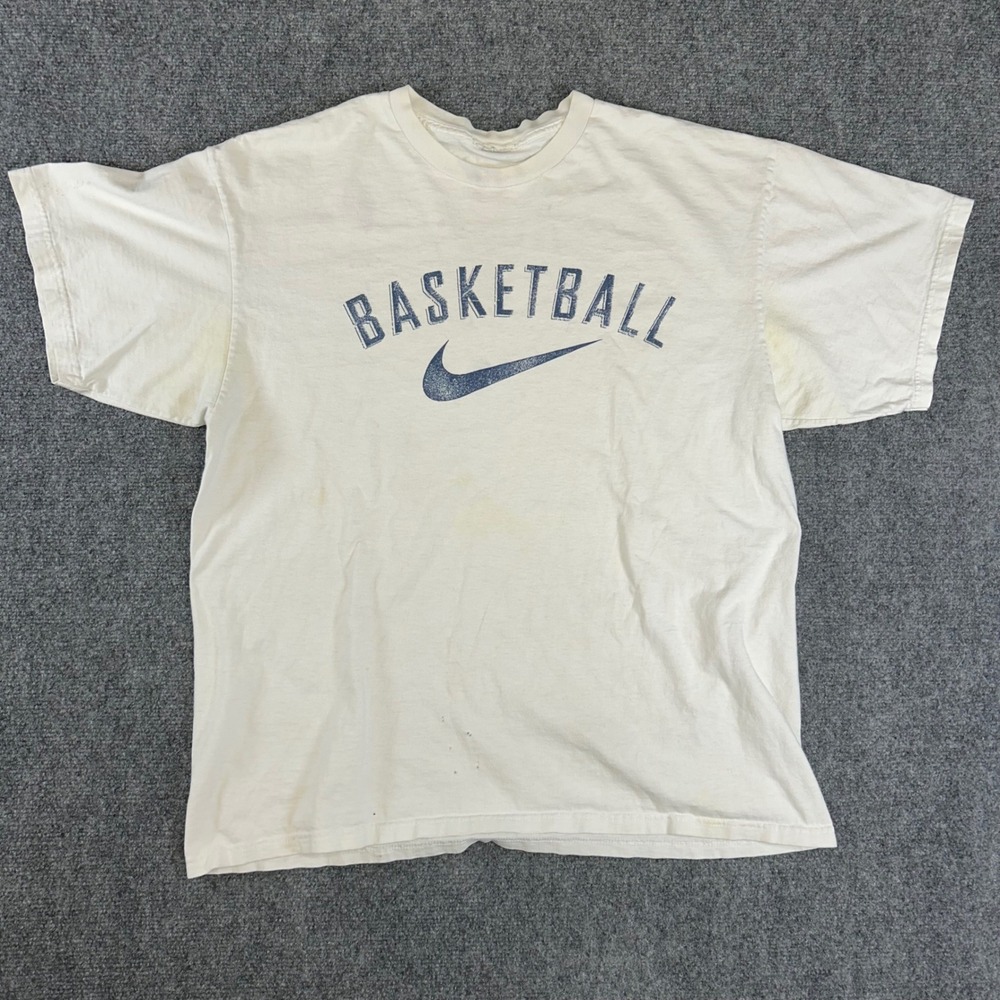 Vintage Nike Basketball Graphic T-Shirt Cream Off-White Distressed Large